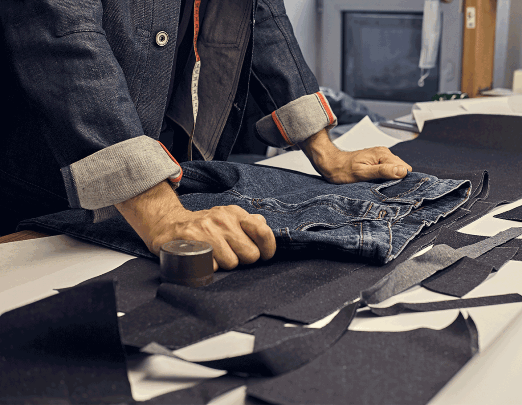 Man precisely measuring pants on a table, reflecting our commitment to fit and quality